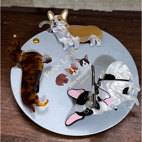 Super Cute Frenchie, Corgi, Dachshund Dog Hair Clips Claws Pink Linen NWT - Picture 7 of 7